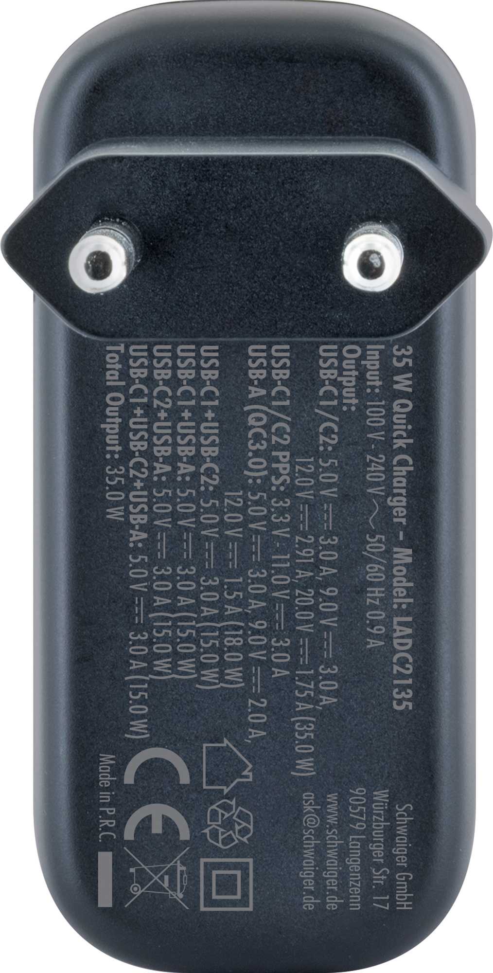 Schwarzer 35W USB-Schnellladegerät mit zwei USB-C und einem USB-A Anschluss.