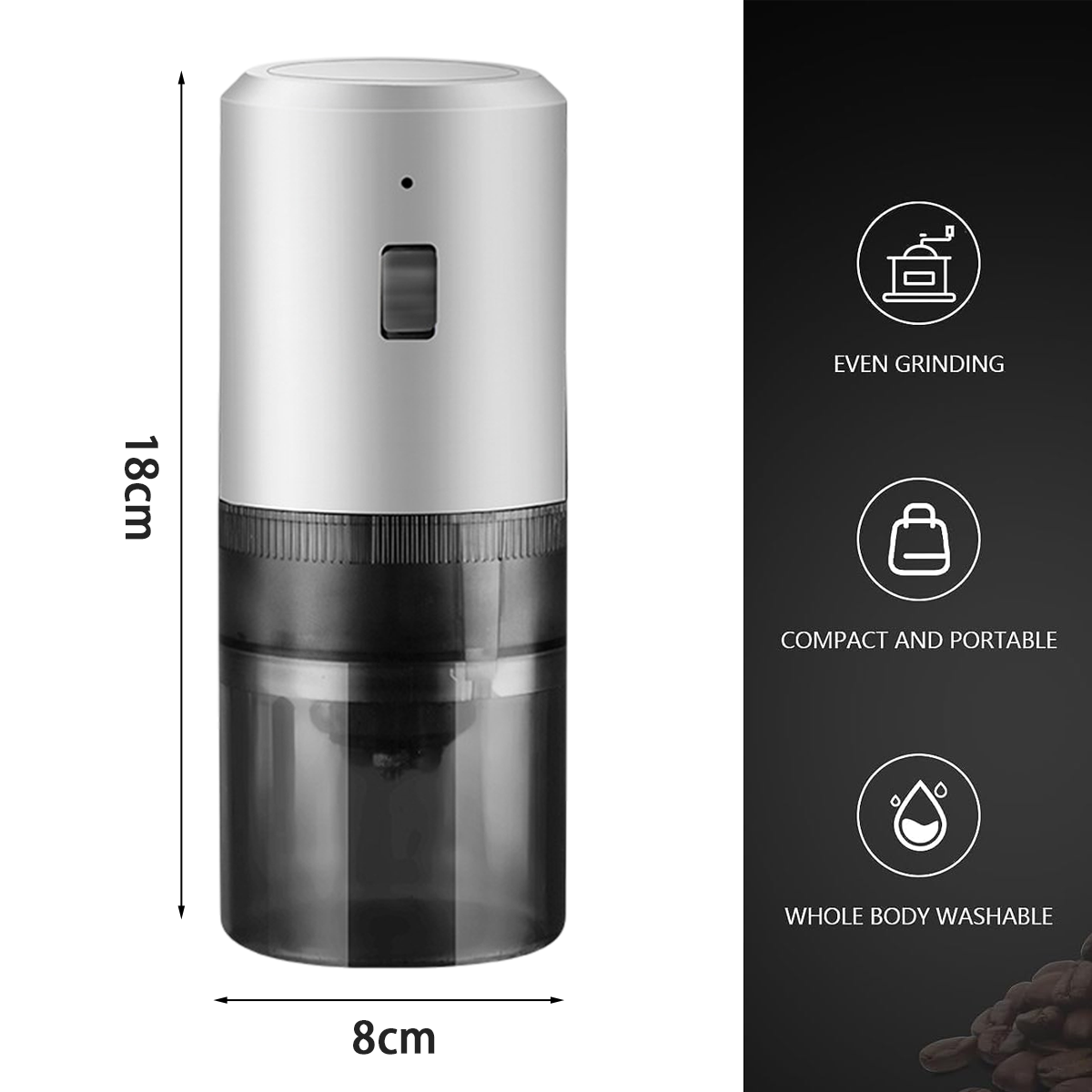 Ein weißer und grauer Kaffeemühlen-Behälter mit Maßen 18cm hoch und 8cm breit.