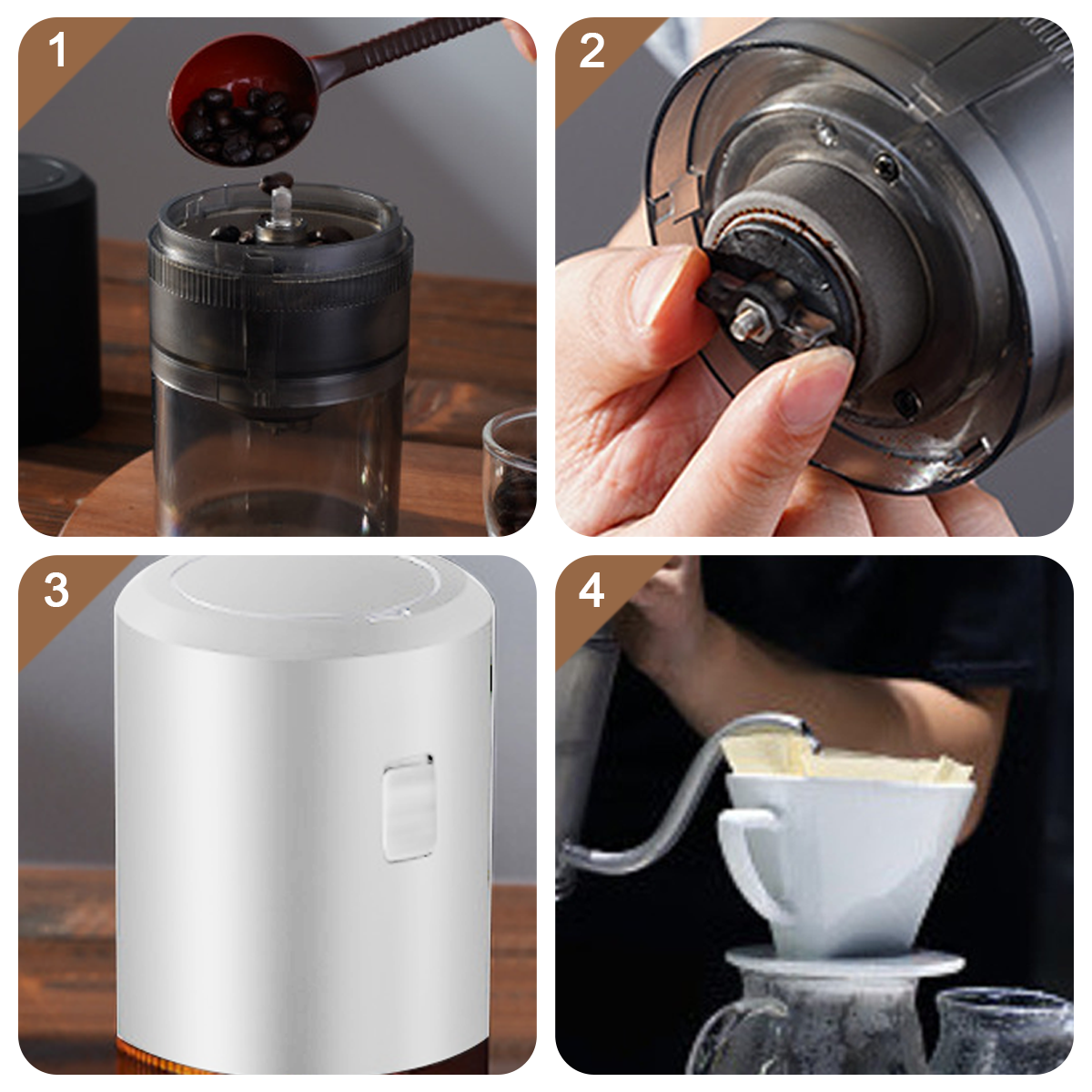 Kaffeebohnen werden in eine Kaffeemühle gegeben, Mahlwerk wird gezeigt, ein weißer Behälter, Kaffee wird aufgebrüht.