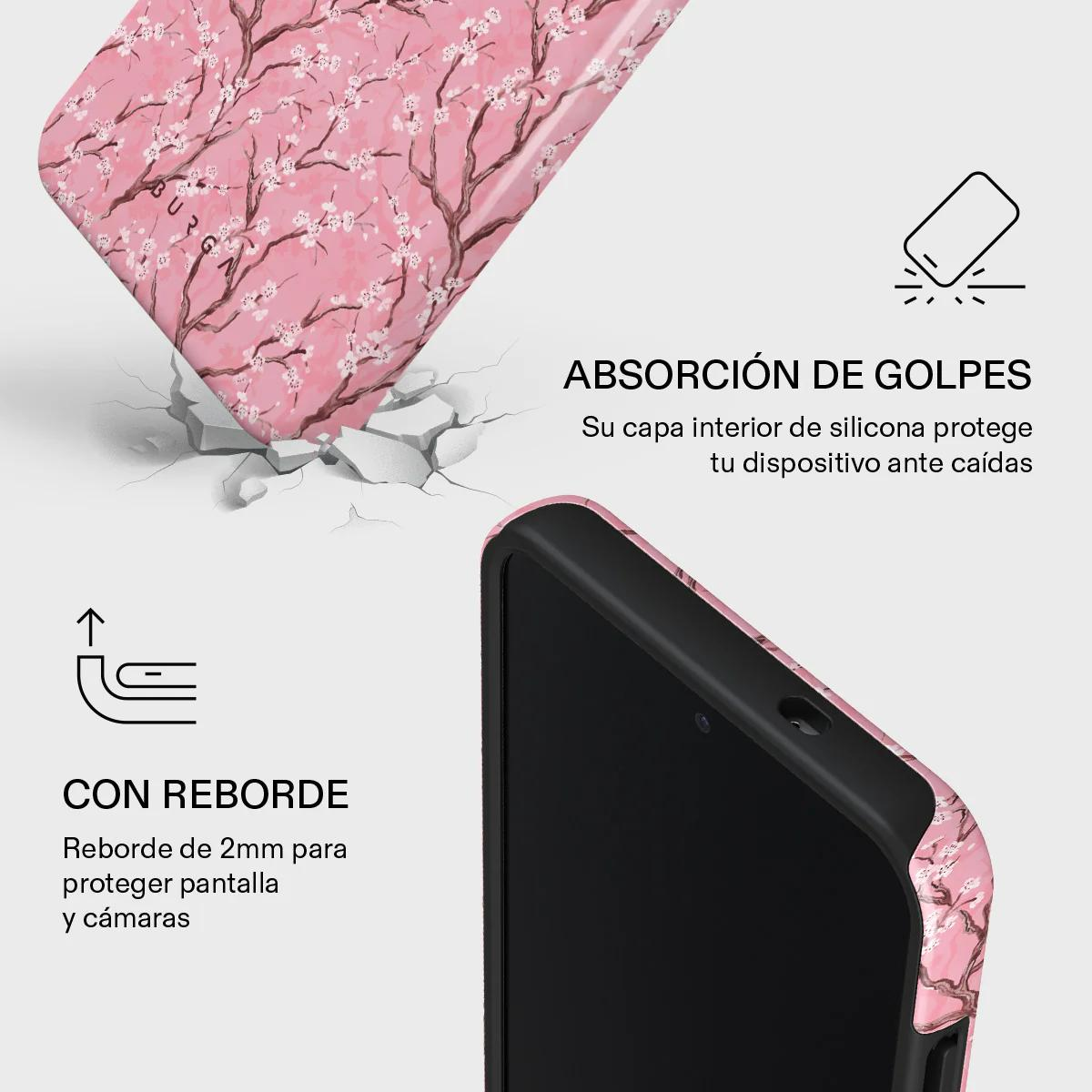Funda de teléfono con patrón de flor de cerezo, absorbe golpes y borde de 2mm.