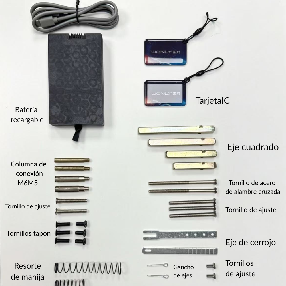 Adaptador de corriente, dos tarjetas, varios tornillos, resortes y piezas.
