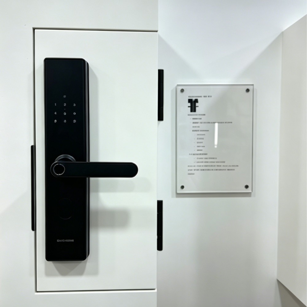 Una cerradura de puerta digital negra con teclado y manija en una puerta blanca.