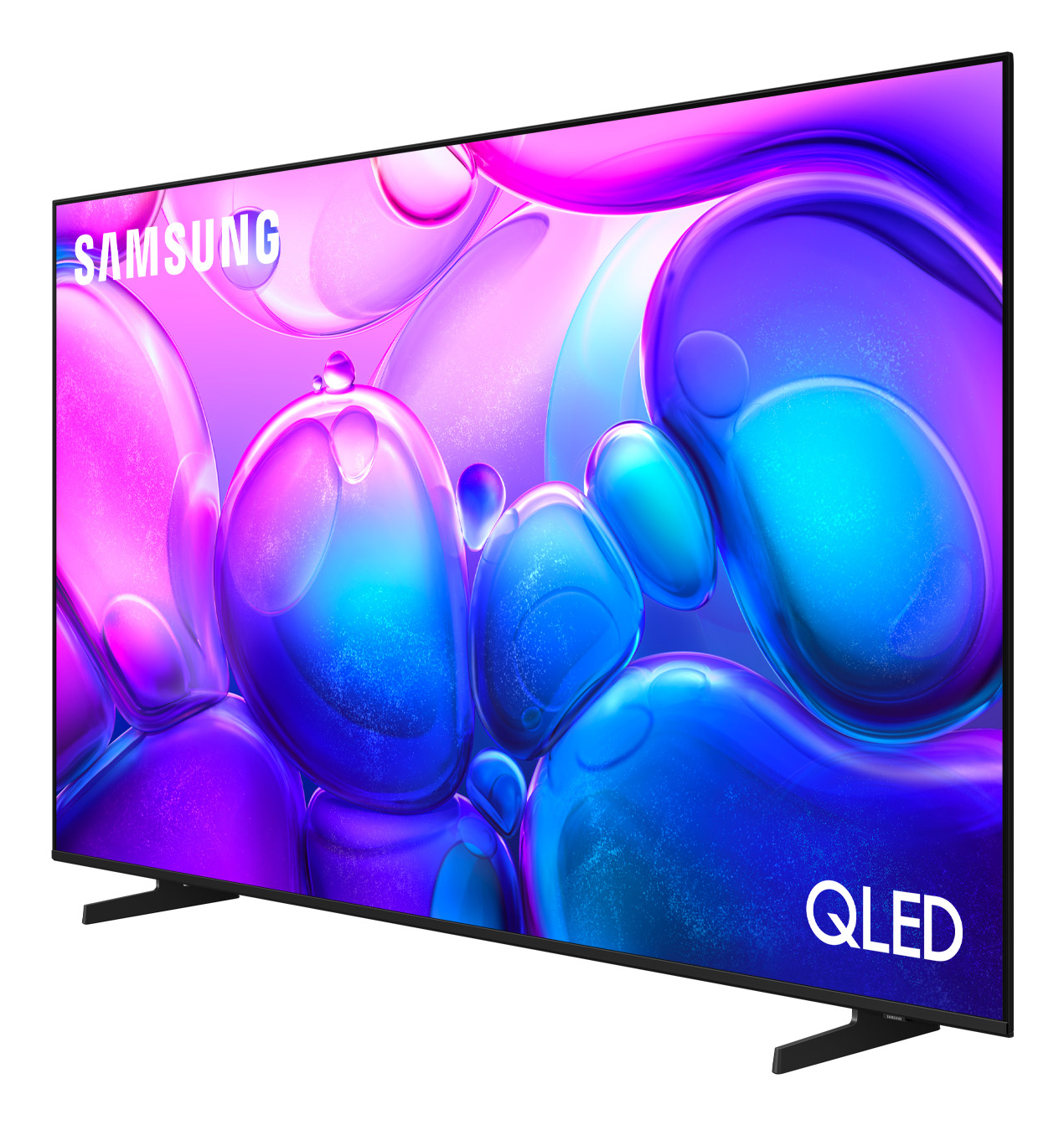 TV Samsung QLED avec écran abstrait vibrant de bulles bleues et violettes.