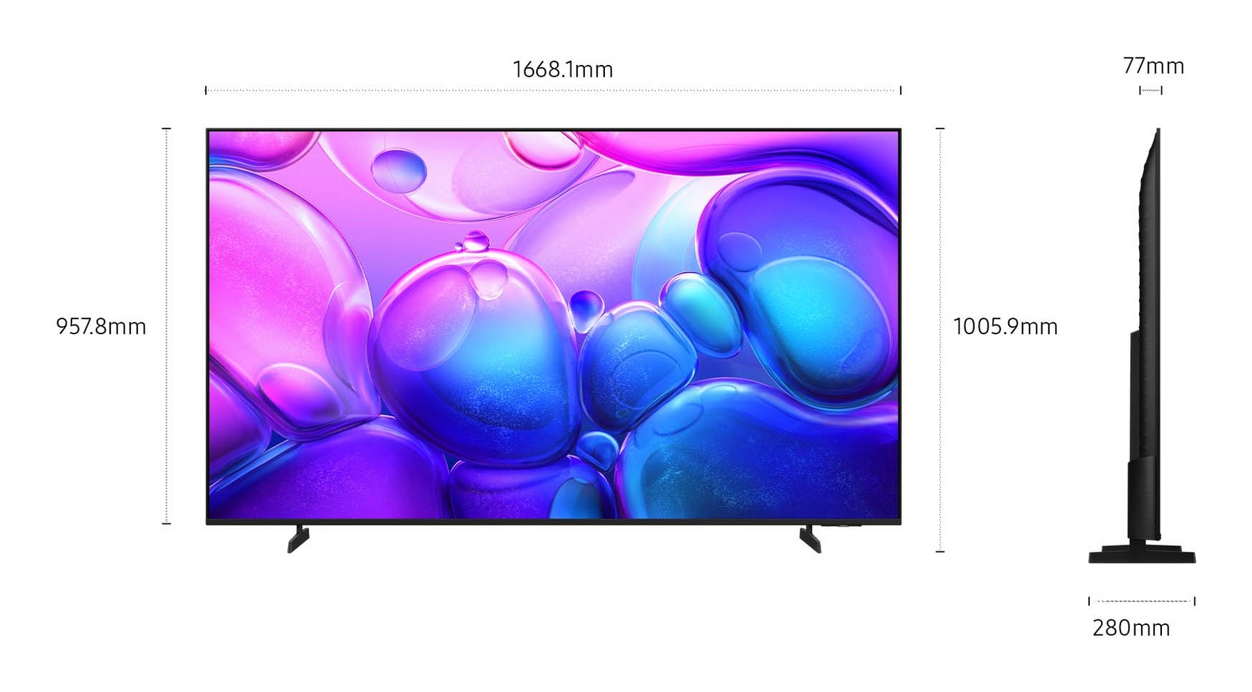 Une grande télévision affichant un fond abstrait coloré avec les dimensions indiquées.
