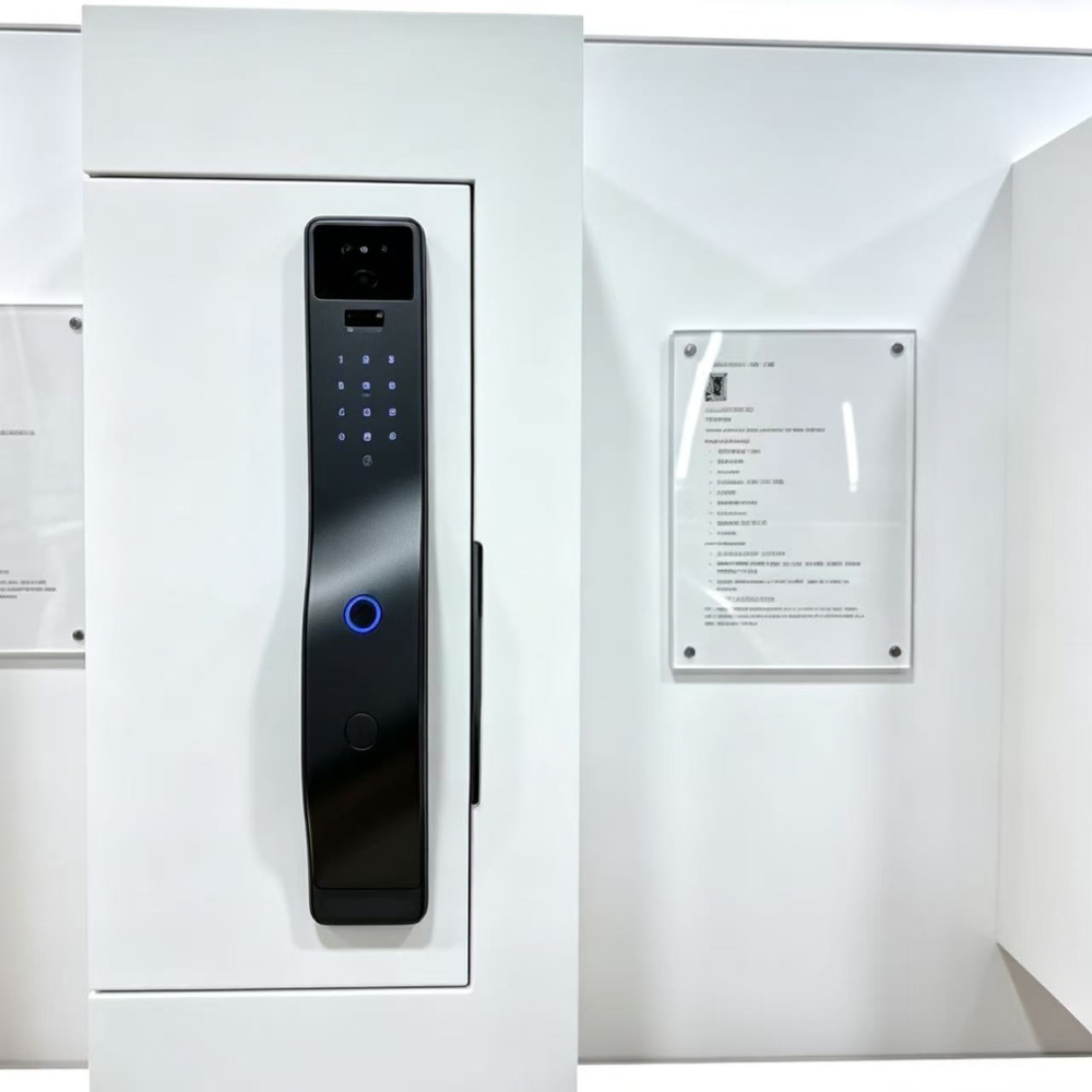 Panel de seguridad de puerta negro moderno con teclado y cámara. Iluminación azul.