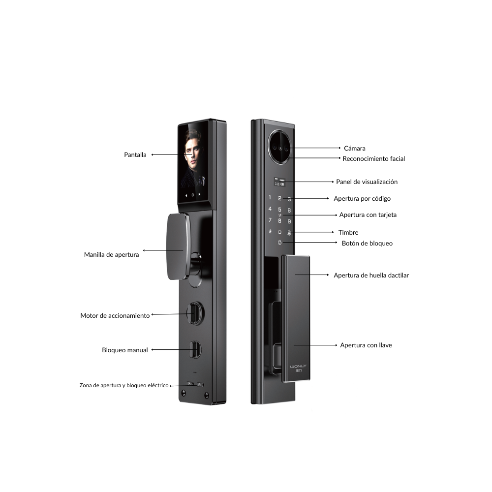 Cerraduras de puerta inteligentes negras con vistas frontal y lateral, mostrando funciones como cámara y teclado.