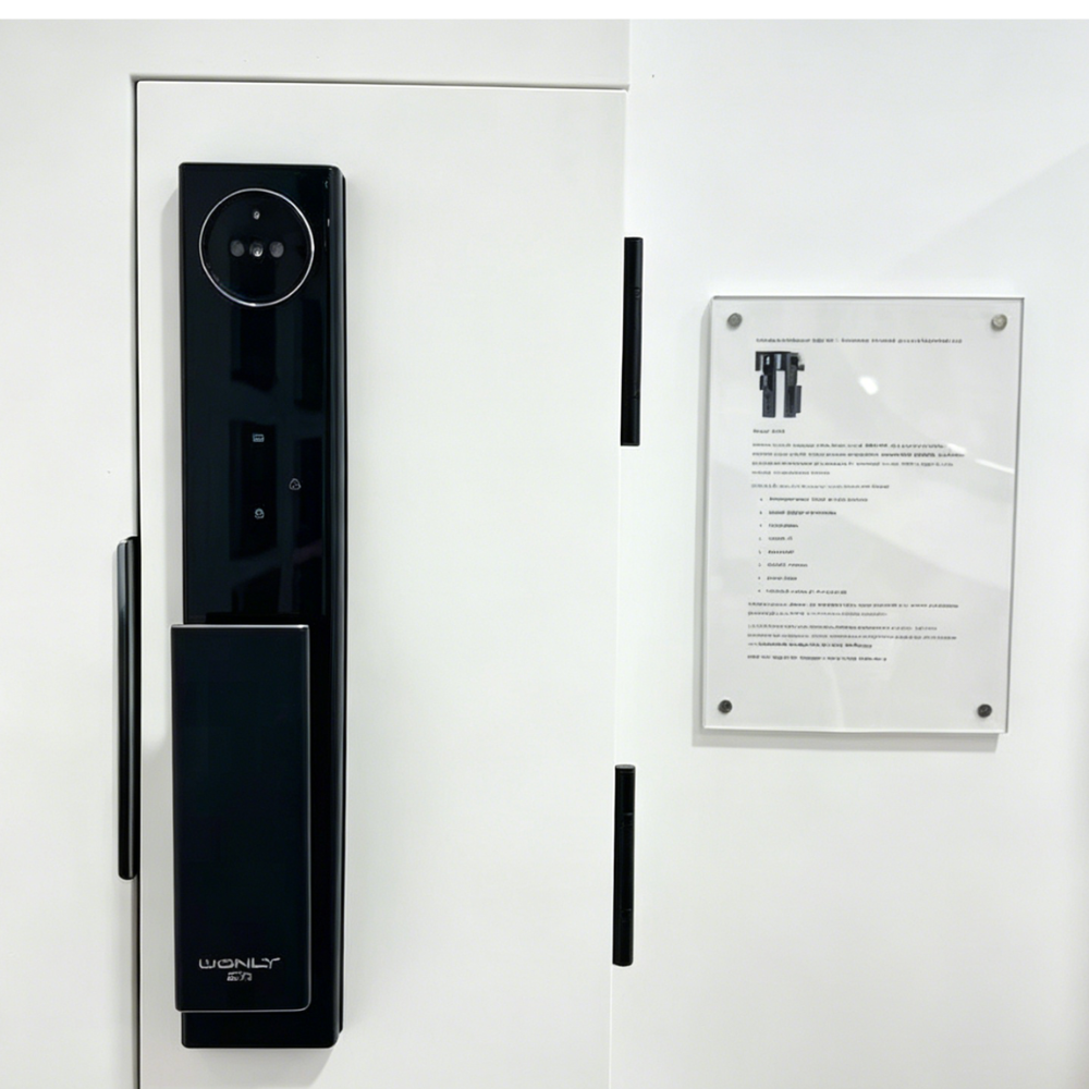 Una puerta de armario blanca con un tirador negro y una cerradura digital. Hay un cartel a la derecha.