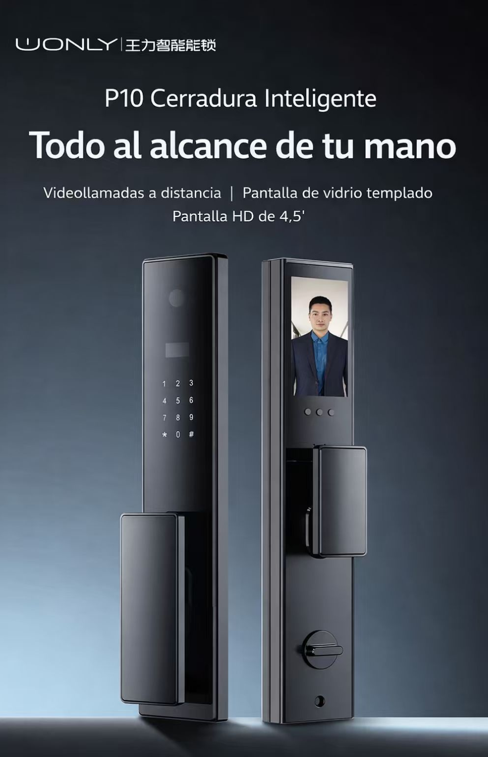 Dos cerraduras de puerta inteligentes negras con teclado y pantalla.