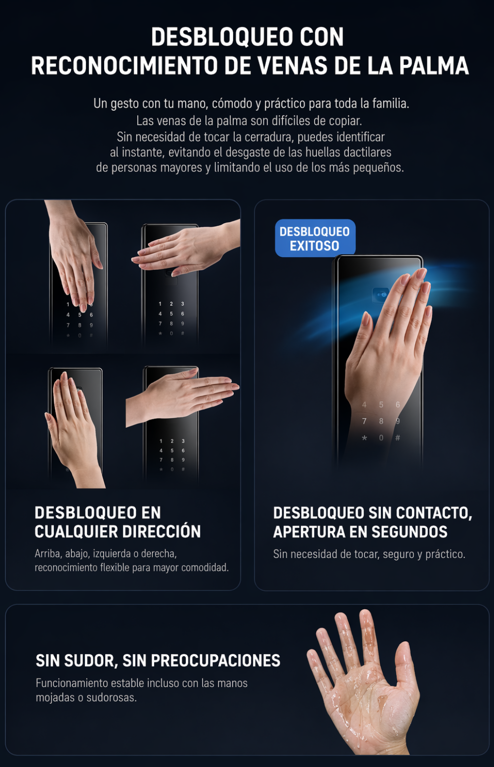 Manos interactuando con pantalla de smartphone muestran varios métodos de desbloqueo.
