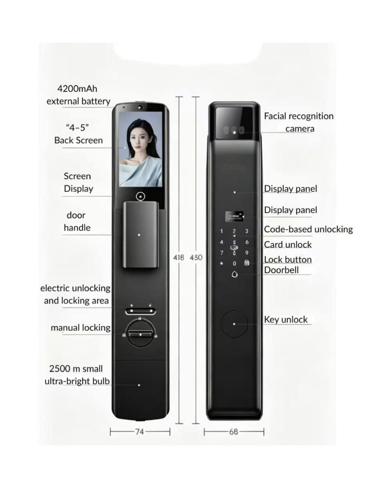 Cerradura inteligente con reconocimiento facial, pantalla táctil, teclado y llave. 450x74 mm.