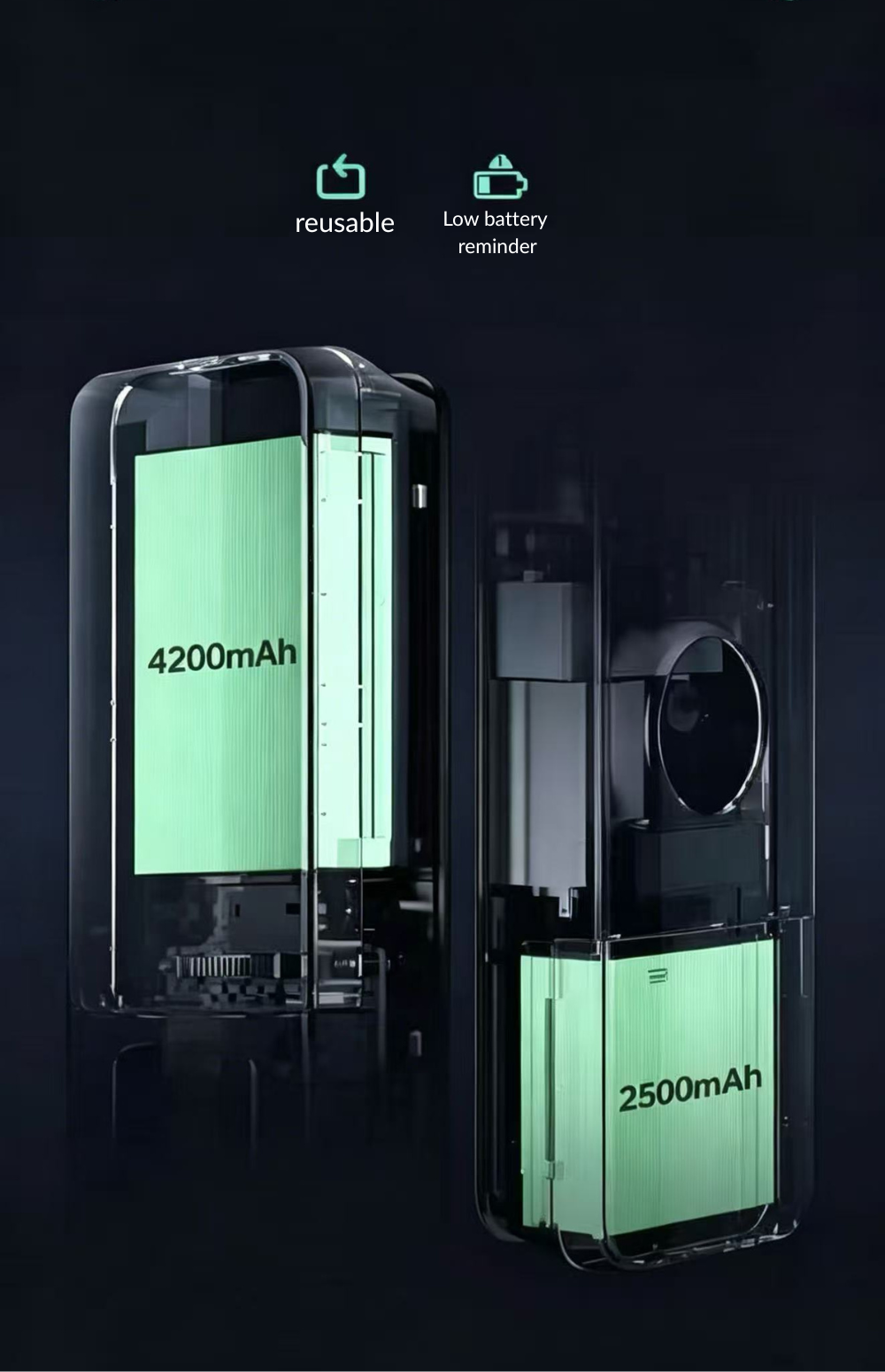 Contenedor transparente muestra baterías verdes de 4200mAh y 2500mAh.