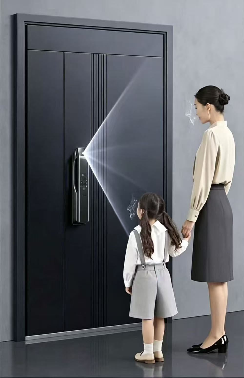 Una mujer y un niño están frente a una puerta oscura con una cerradura digital.