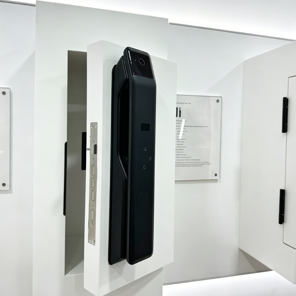 Un tirador de puerta negro y moderno con cámara y pantalla táctil en un soporte blanco.
