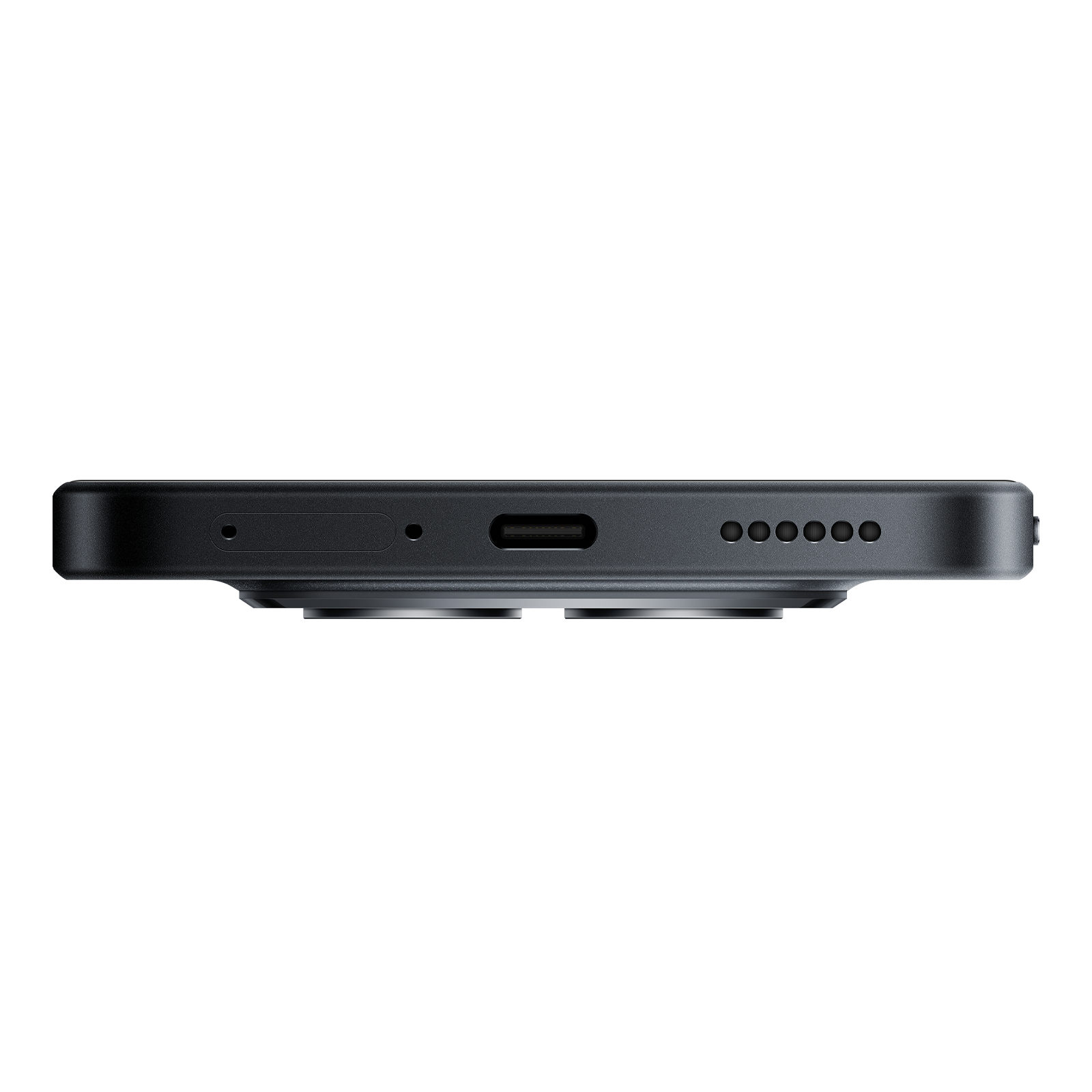Nahaufnahme der Unterseite eines schwarzen Smartphones mit USB-C-Anschluss und Lautsprecheröffnungen.