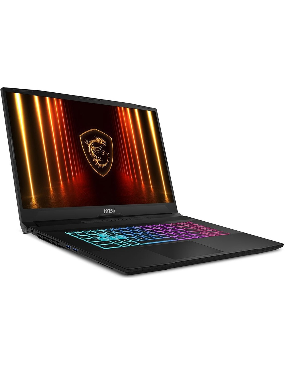 Ekranında MSI logosu ve aydınlatmalı klavyeye sahip siyah dizüstü bilgisayar.