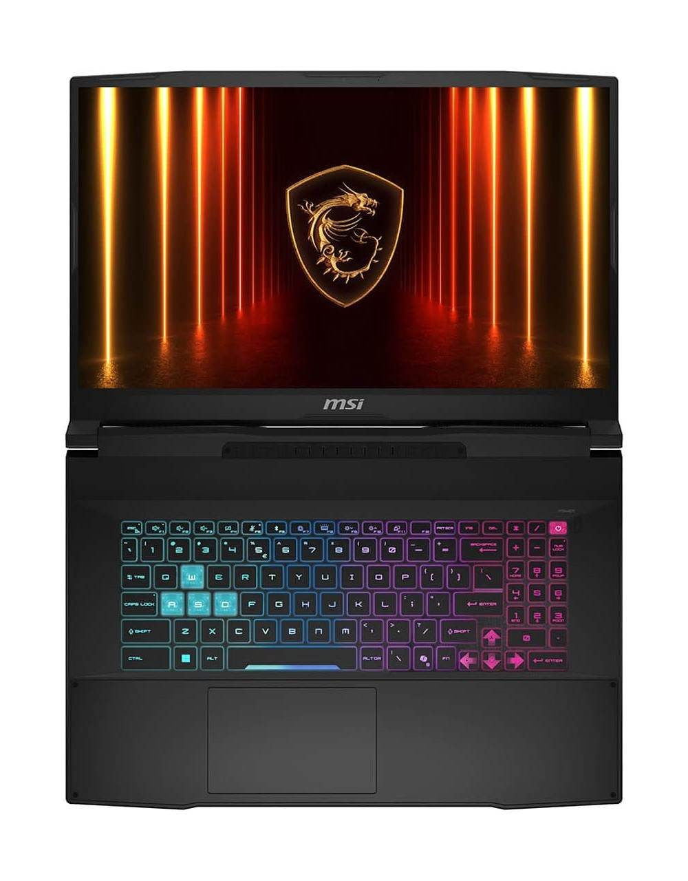 Ekranında ejderha logosu ve arkadan aydınlatmalı klavyesi olan siyah bir MSI oyuncu dizüstü bilgisayarı.