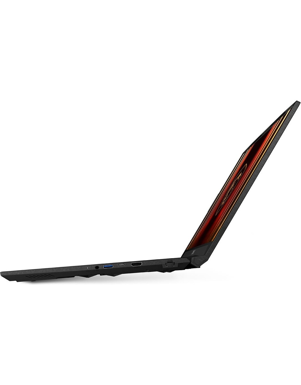 Profilte siyah laptop, kırmızı tasarımlı ekran.