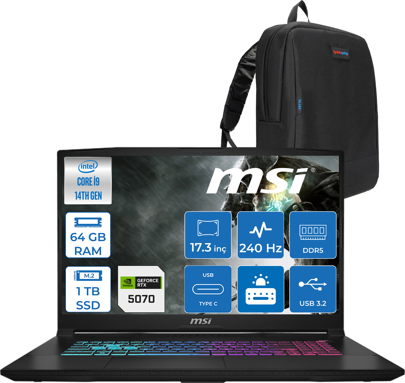 Intel Core i9, 64 GB RAM, 1 TB SSD, RTX 5070 ve sırt çantası ile siyah MSI dizüstü bilgisayar.