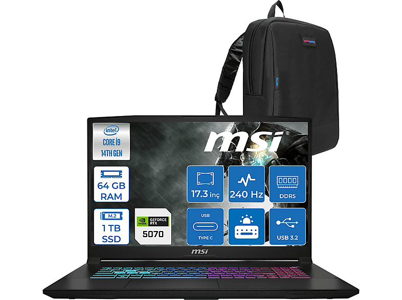 MSI Katana 17 8GB RTX5070 115W QHD 240Hz IPS W048XTRF18 Intel Core i9-14900HX 64 GB RAM 1 TB SSD 17,3 inç FreeDOS Laptop+Çanta Siyah