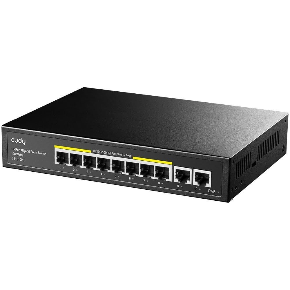 Switch di rete Cudy nero a 10 porte Gigabit PoE+ con 8 porte PoE+.