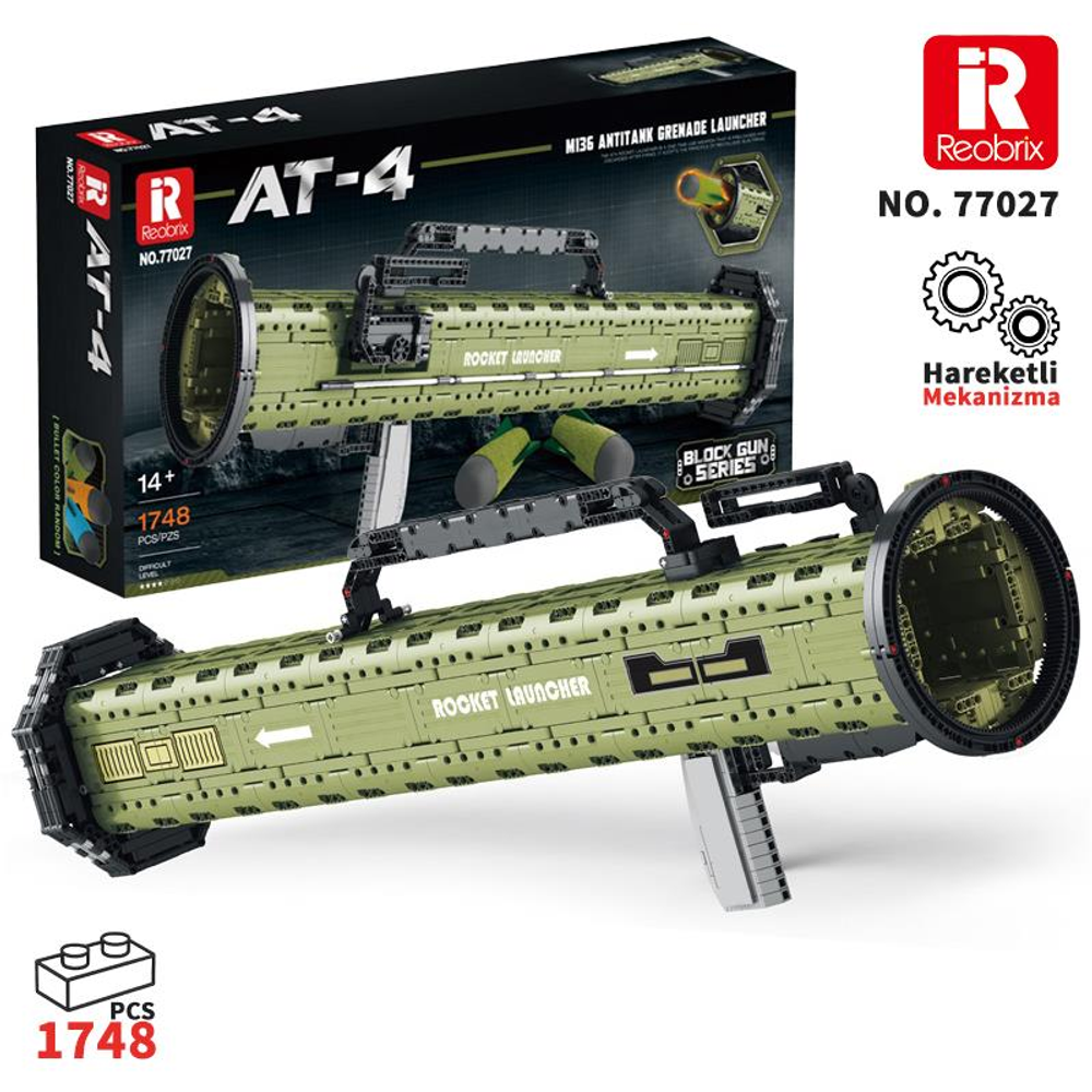 Yeşil Reobrix AT-4 roketatar yapım oyuncağı, kutusu ve talimatları ile.