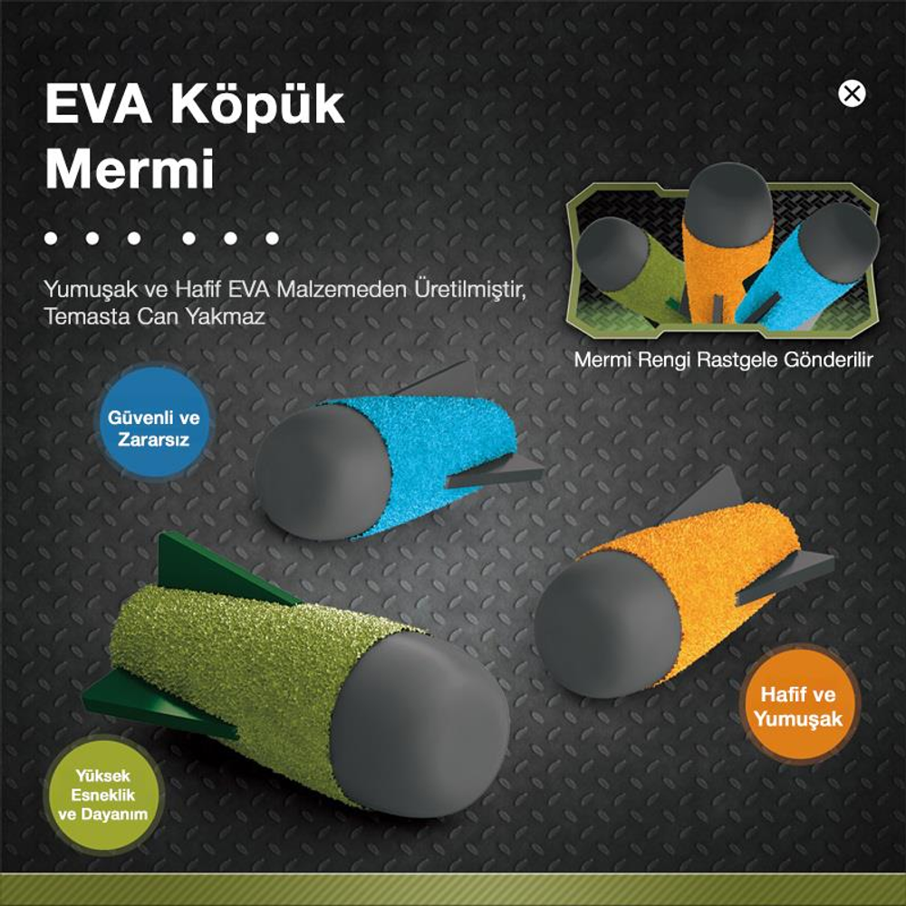 Üç köpük mermi yeşil, mavi ve turuncu renklerde, gri uçlu, koyu dokulu zeminde.