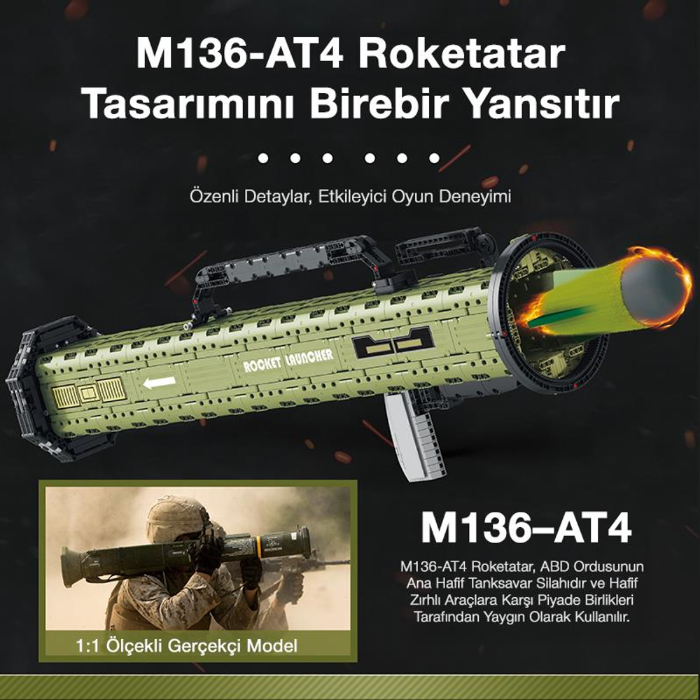 Alevli yeşil roketatar. Altta roketatar tutan bir asker.