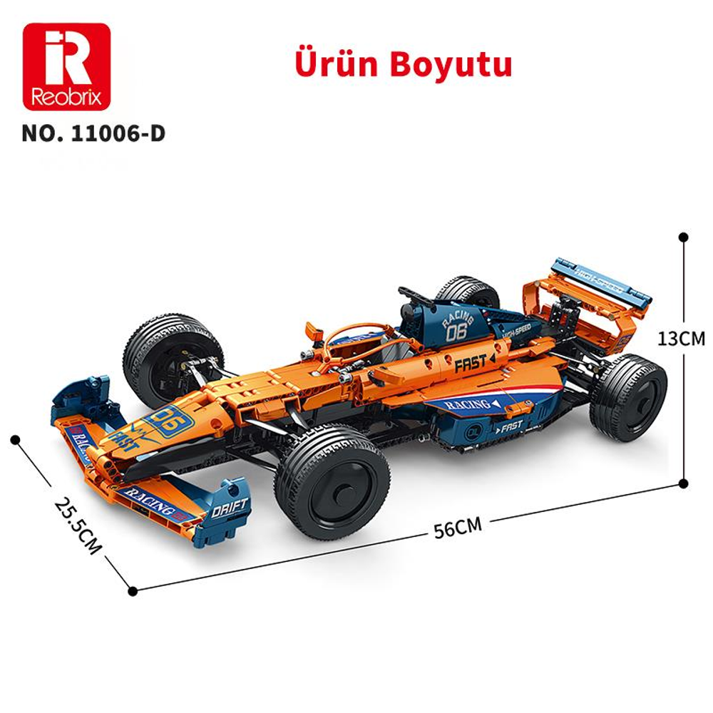 Turuncu ve mavi oyuncak yarış arabası, 56cm uzunluk, 13cm yükseklik.