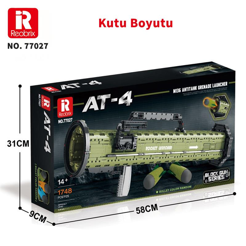 Detaylı baskı ve ölçülere sahip yeşil oyuncak roketatar kutusu.