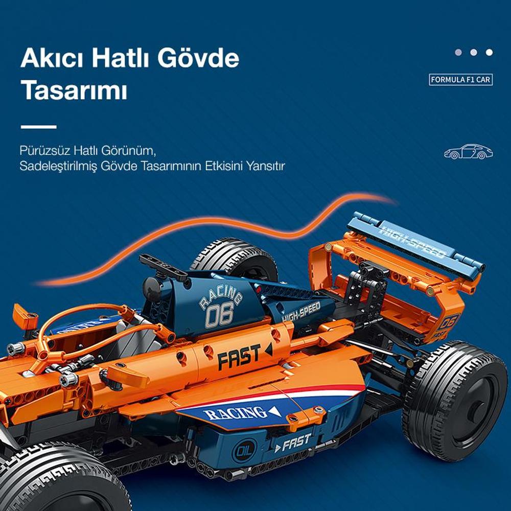 06 numaralı, turuncu ve mavi, legolardan yapılmış F1 yarış arabası.