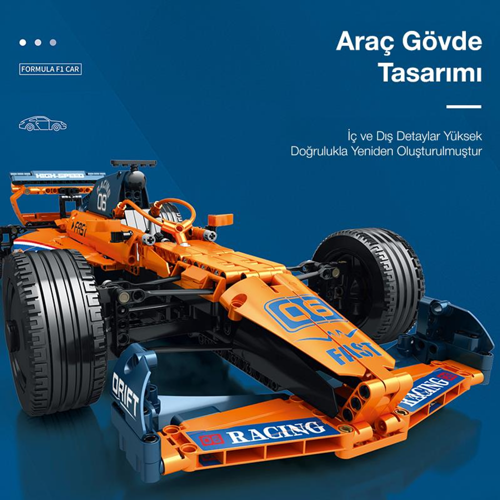 Mavi arka plan üzerinde çıkartmalı turuncu ve mavi F1 araba modeli.