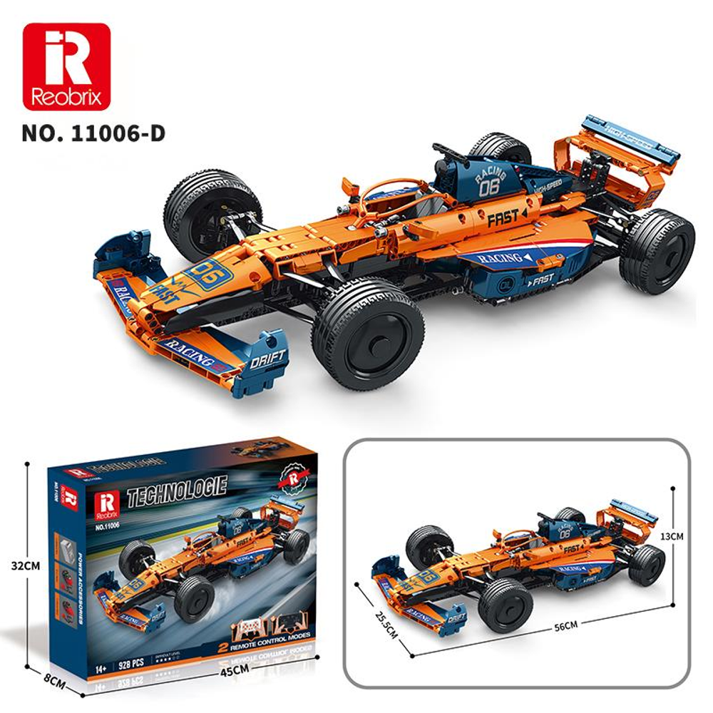 Mavi vurgulara sahip turuncu bir Reobrix Formula 1 yarış arabası yapım kiti.