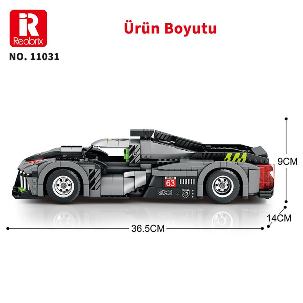 Sarı vurgulu gri yarış arabası modeli, 36,5cm uzunluk, 9cm yükseklik.