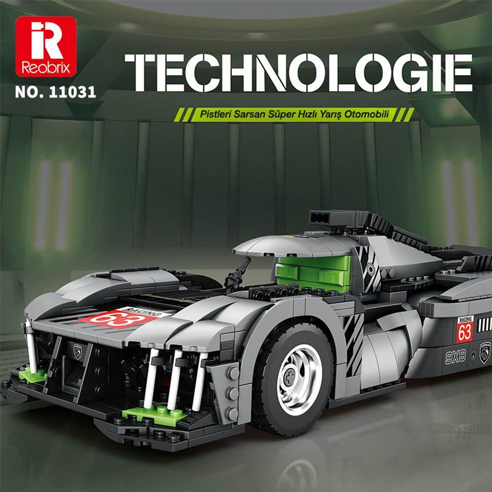 Yeşil detaylı gri Lego yarış arabası, üzerinde 63 yazıyor.