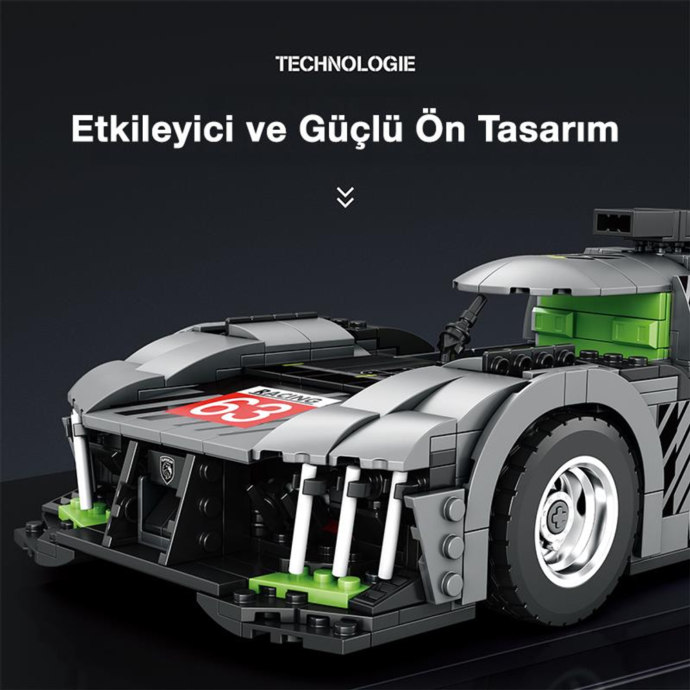 Yeşil aksanlı gri Lego yarış arabası, 63 numaralı.