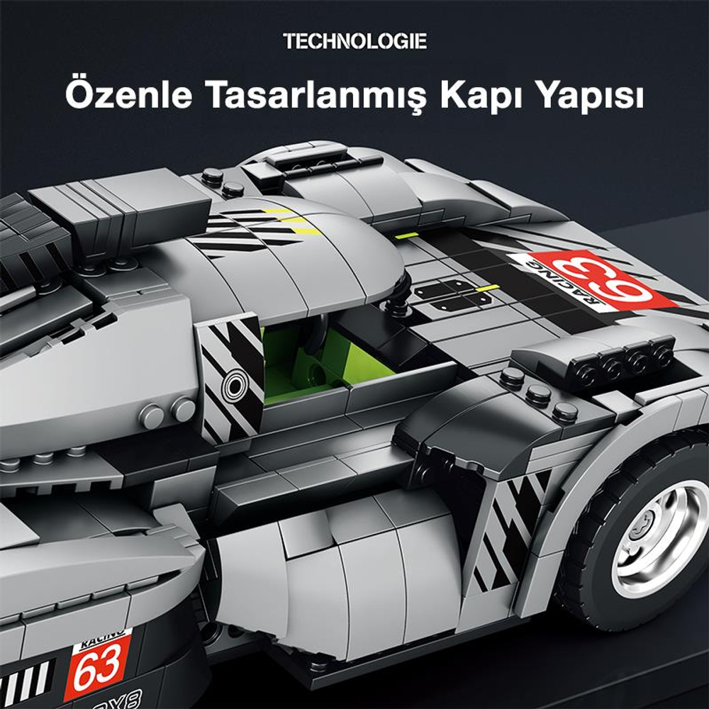 63 numaralı ve "RACING" yazılı gri, bloktan yapılmış yarış arabası modeli.