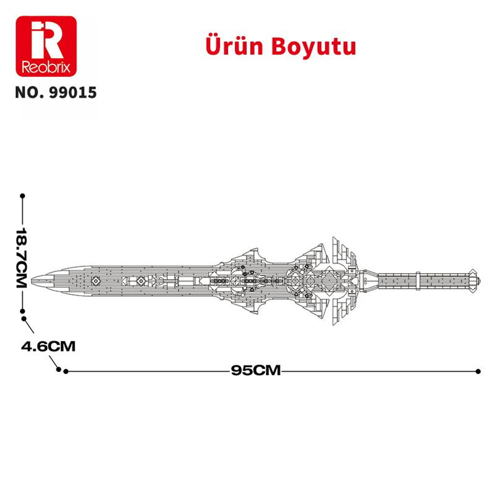 95 cm uzunluğunda, 18,7 cm genişliğinde bir kılıcın teknik çizimi.