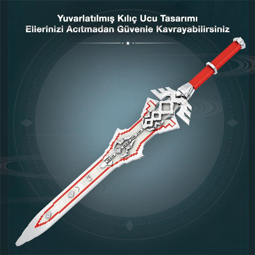 Karmaşık detaylara ve kırmızı sapa sahip beyaz ve kırmızı bir kılıç.