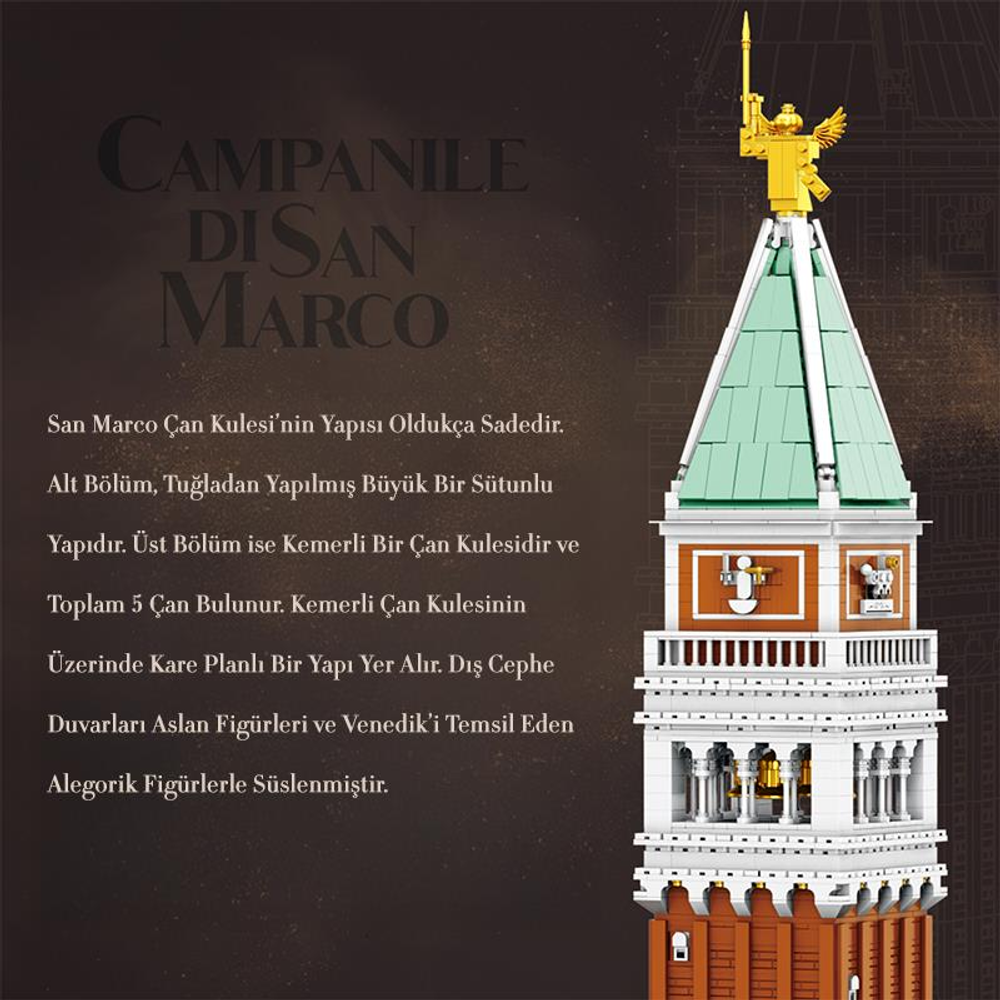Yeşil kuleli ve altın heykelciği olan Lego San Marco Çan Kulesi modeli.