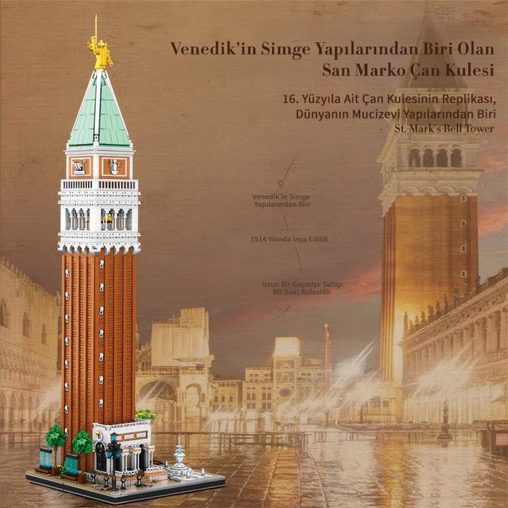 Venedik'in San Marko Çan Kulesi modeli, arka planda Venedik mimarisi.