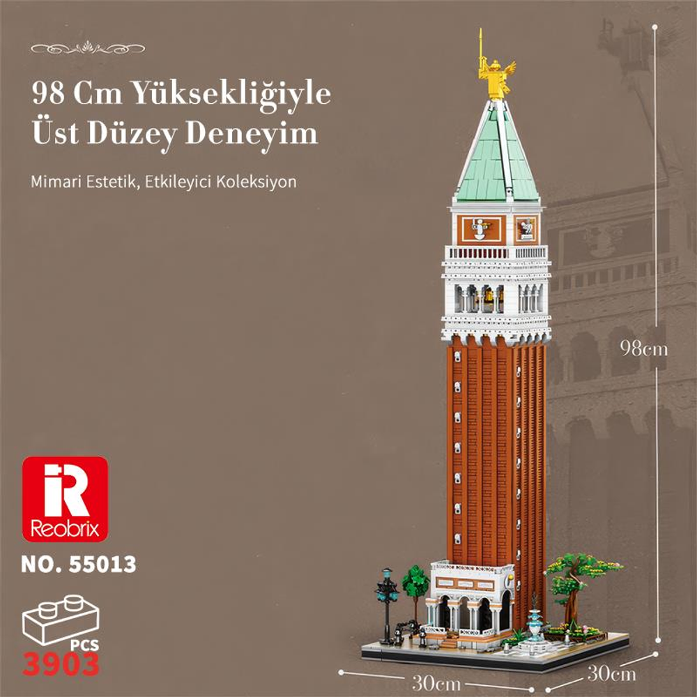Üstünde altın heykel bulunan detaylı bir Lego kule modeli.