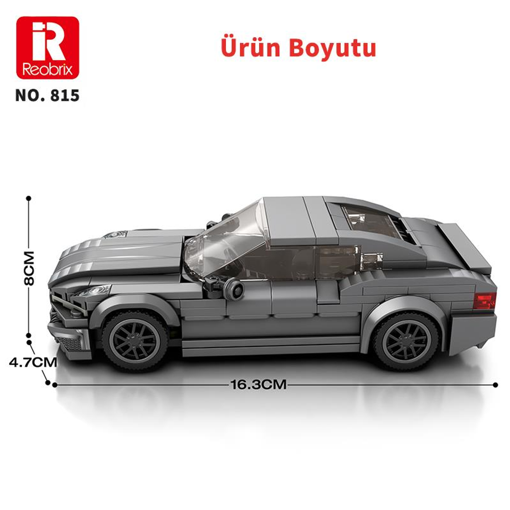 Gri oyuncak araba boyutları: 16,3 cm uzunluk, 8 cm yükseklik, 4,7 cm genişlik.