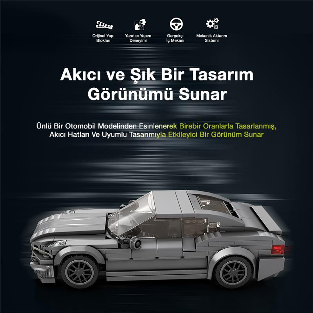Detaylı tasarıma sahip gri Lego araba ve Türkçe metin.