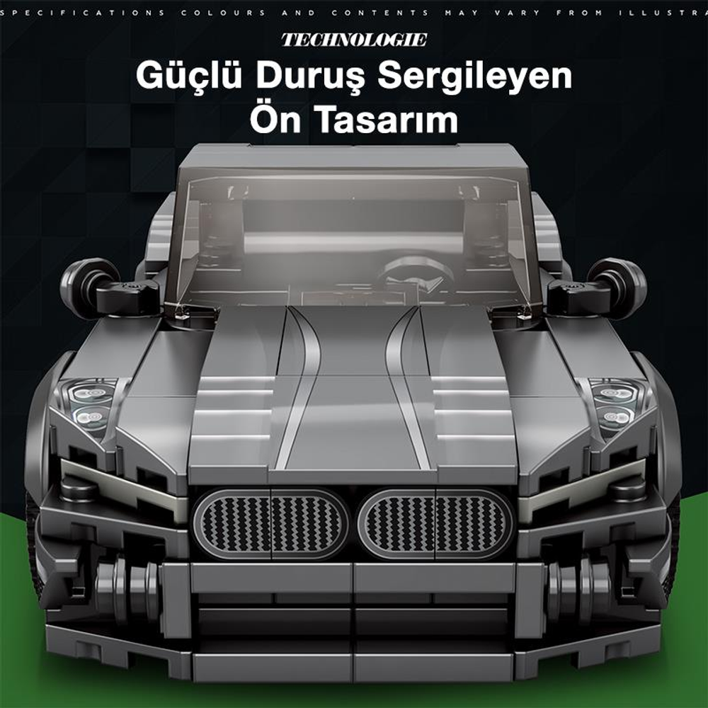 Detaylı ön ve farlara sahip gri Lego araba. Koyu arka plan.
