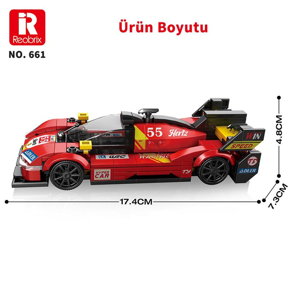 Kırmızı oyuncak yarış arabası, 55 numara, ölçüler 17,4x7,3x4,8 cm.