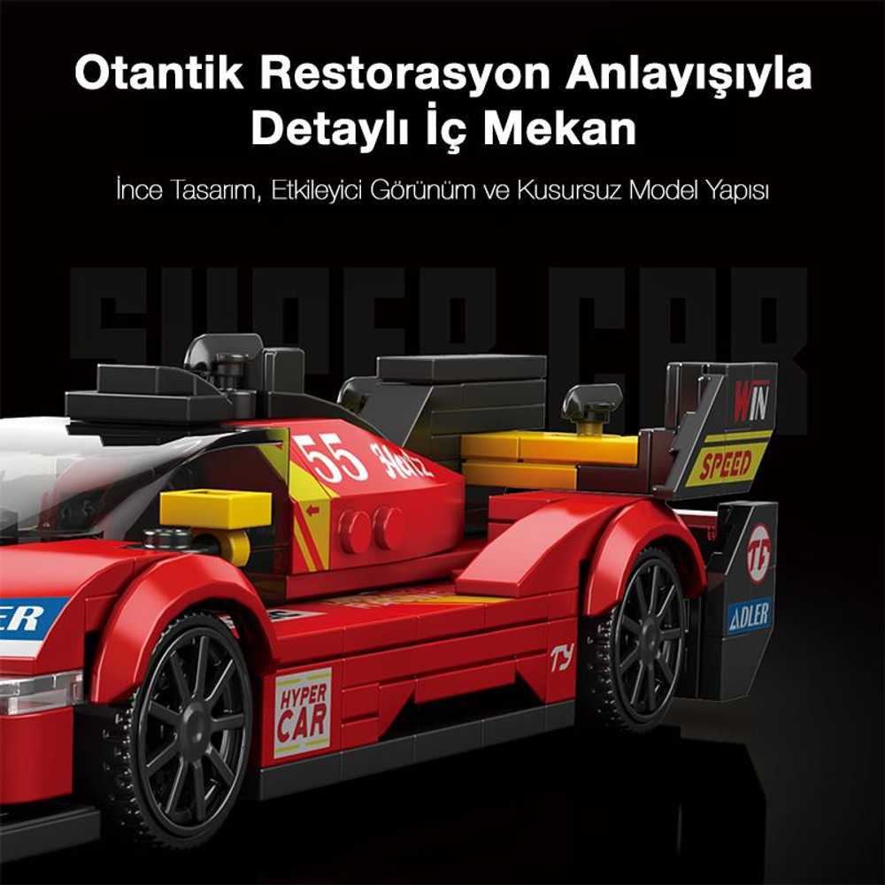 Siyah ve sarı detaylara sahip kırmızı Lego yarış arabası, 55 numara.