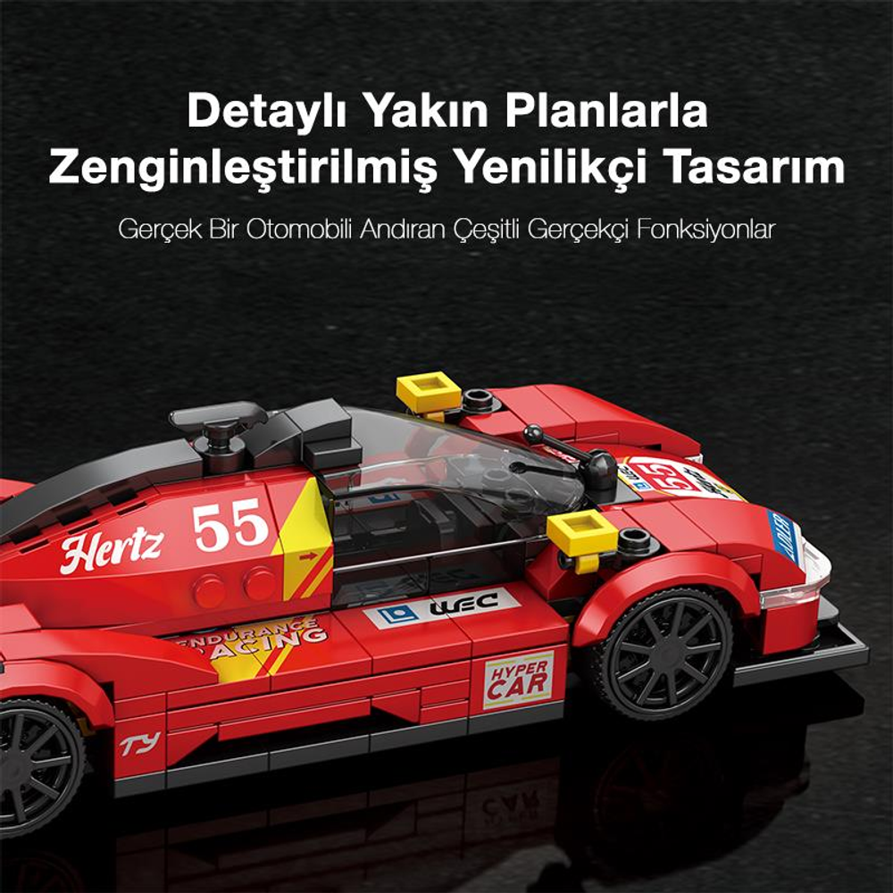 Kırmızı yarış arabası yapım seti, üzerinde 'Hertz 55' ve 'WEC' yazıları var.
