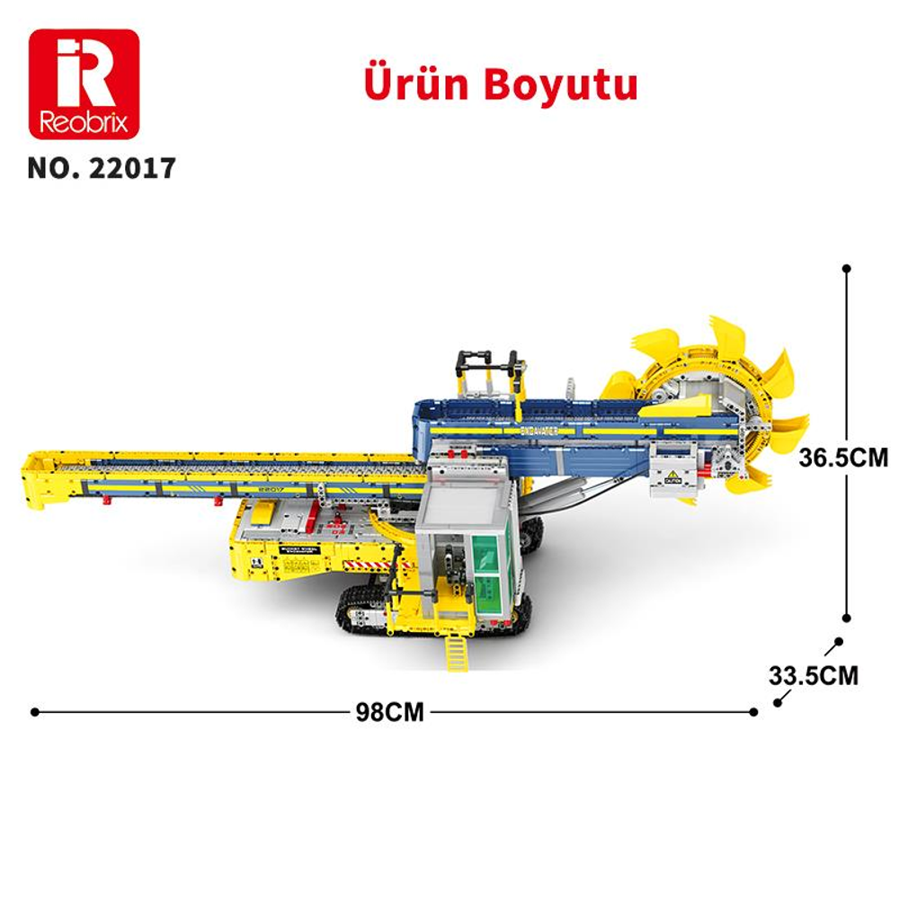 98x36,5x33,5 cm boyutlarında sarı ve mavi oyuncak ekskavatör.