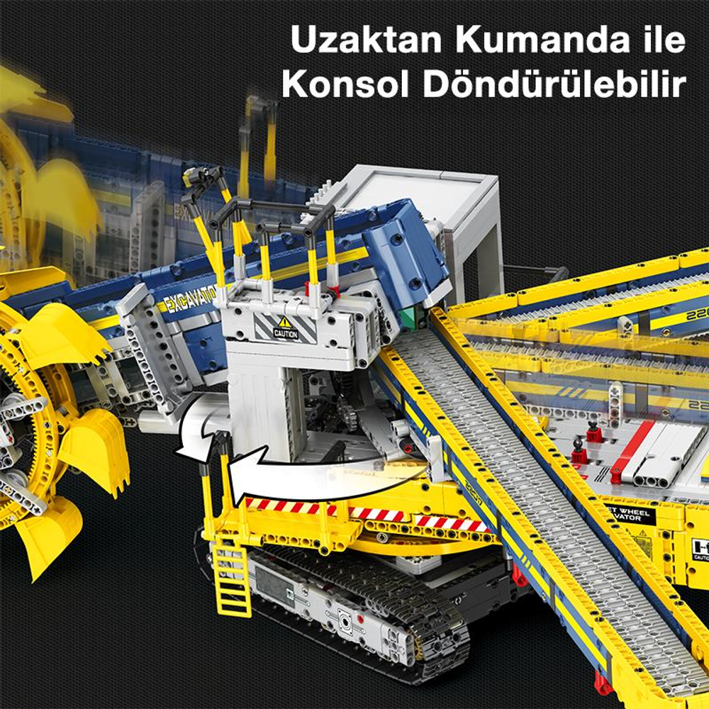 Siyah arka plan üzerinde paletli ve konveyör bantlı sarı ve mavi oyuncak ekskavatör.