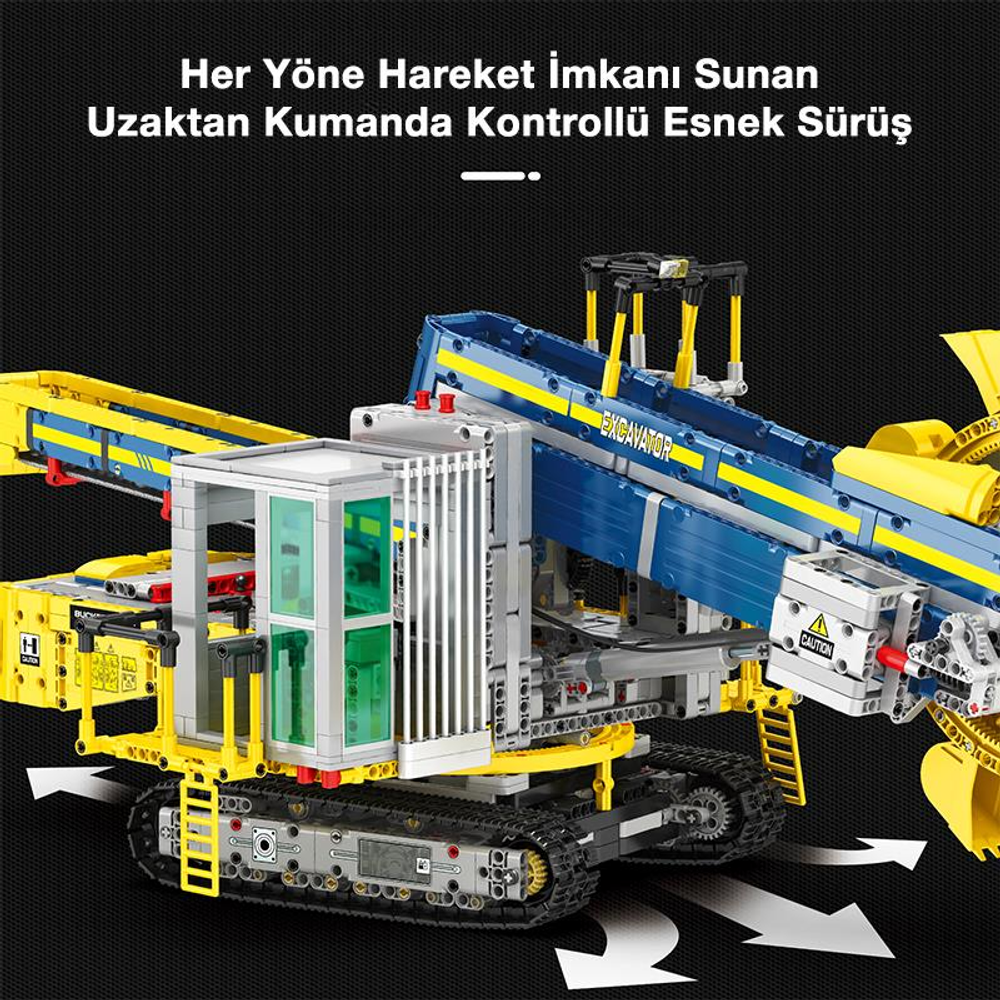 Paletli ve büyük kollu detaylı sarı ve mavi uzaktan kumandalı ekskavatör oyuncağı.